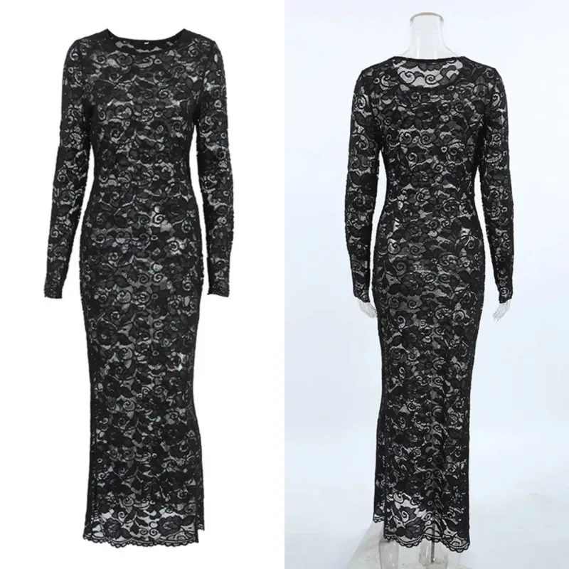 

Sexy See-through Long Sleeve Dress Women Autumn Fashion Trendy Lace Max Dress Elegant Party Dress Popular Cross-border Wholesale