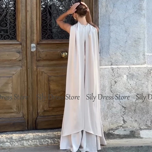 Imagen 2 del producto Vestidos de Arabia Saudita para ocasiones especiales Vestido de noche de sirena de satén Vestidos formales de trompeta con cuello redondo blanco con chal