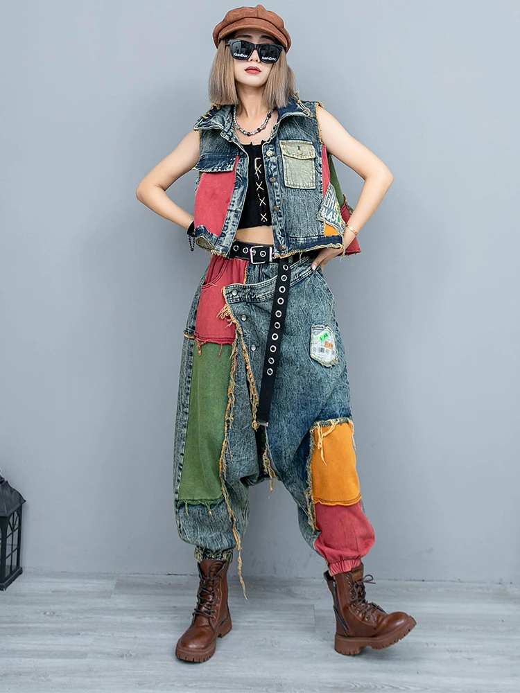 New Personalized Fashion Set Women\'s Contrast Old Sleeveless Denim Vest Harem Pants Patchwork Streetwear Straight Two Piece Set