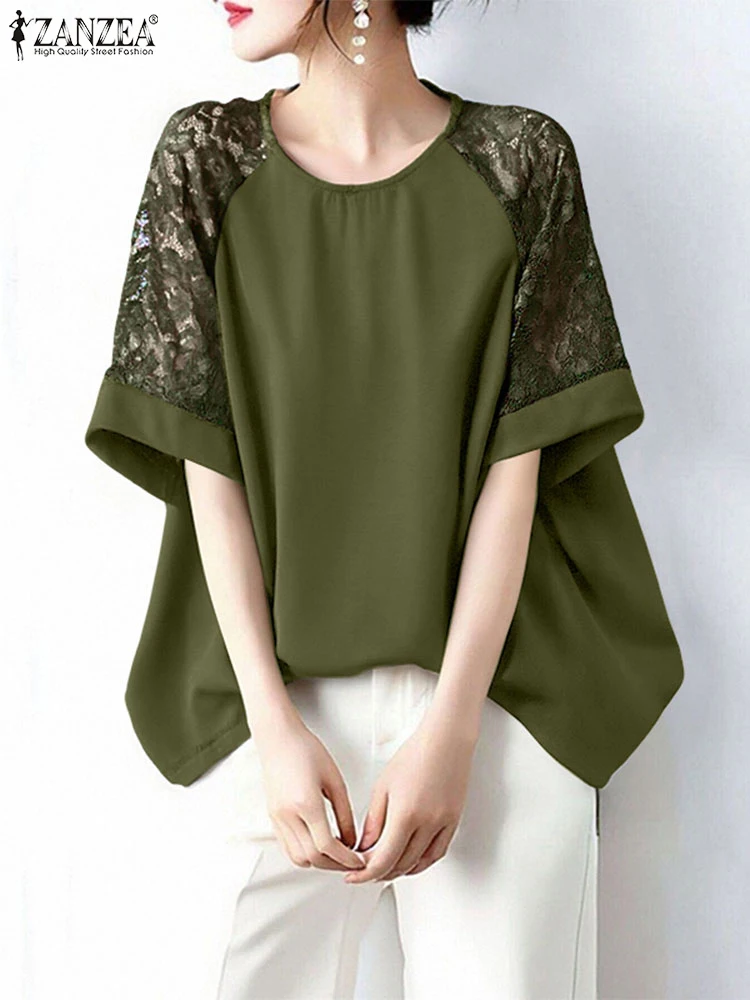 

ZANZEA 2025 Women Fashion Blouses Elegant Lace Patchwork Shirts Summer Half Sleeve Casual Loose Street Office Lady Tops Tunic