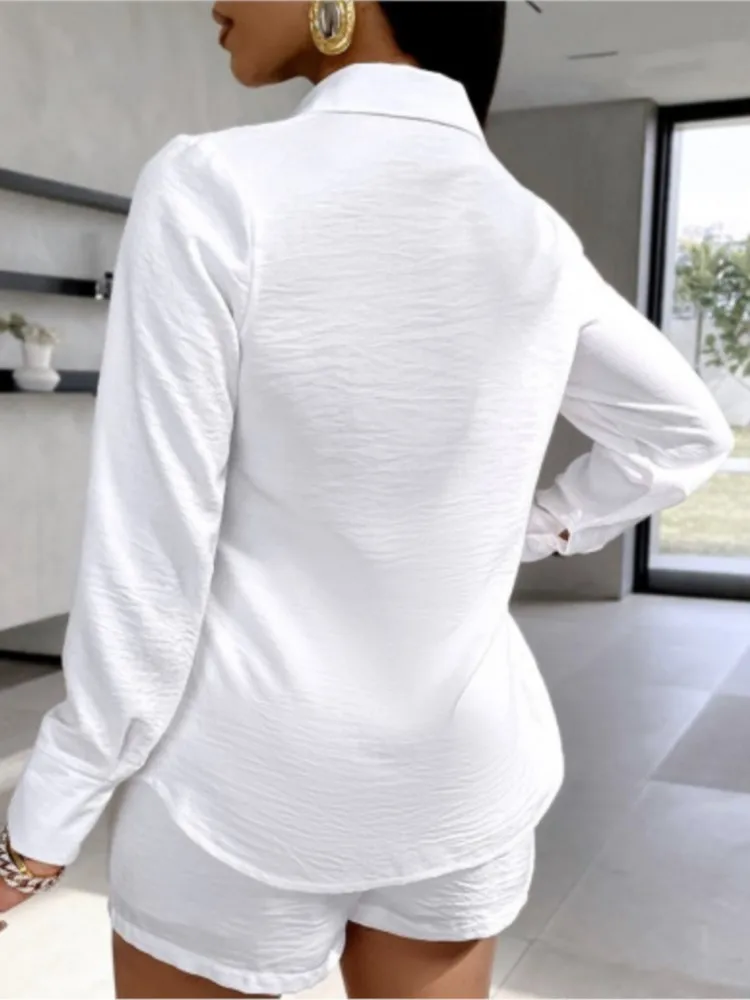 Women Casual White Shirt Two Piece Set Shorts Outfits Long Sleeve Turn-down Collar Pocket Buttons Top Fashion Lady Autumn Suit