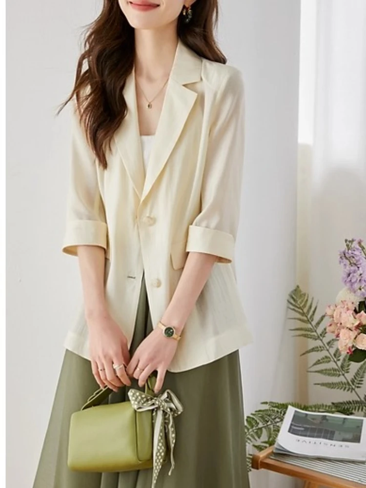 VIMLY Casual Lyocell Suit Blazer Donna 2025 Autunno Moda Trasparente Leggero Manica a tre quarti Office Ladies Blazer