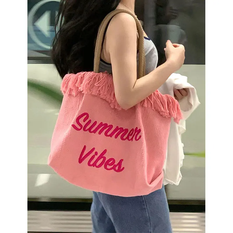 Large Capacity Bag Female Pink Printed Canvas Bag Simple All-match Handbag Temperament Commuter One-shoulder Tote Bag