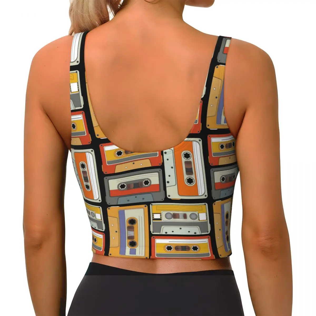 カスタム80年代風ヴィンテージカセットテープ柄スポーツブラ、ハイインパクトベスト、ジムワークアウト、ヨガ、クロップタンクトップ