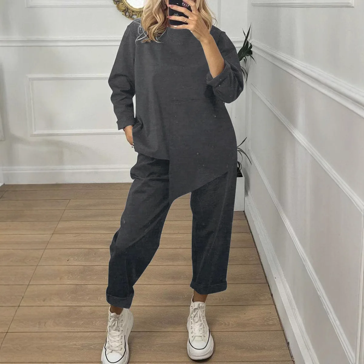 Fall Winter Solid Pullover Tops Two Piece Set Leisure Women O Neck Tops Long Pants Tracksuit Retro Loose Sport Suit Pant Sets