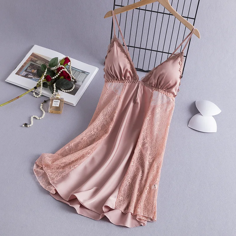 Sexy Satin Sleep Dress V-Neck Chemise Nightgown Womens Lace Hollow Out Sleepwear Nighty Gown Nightgown Casual Home Wear Outfits