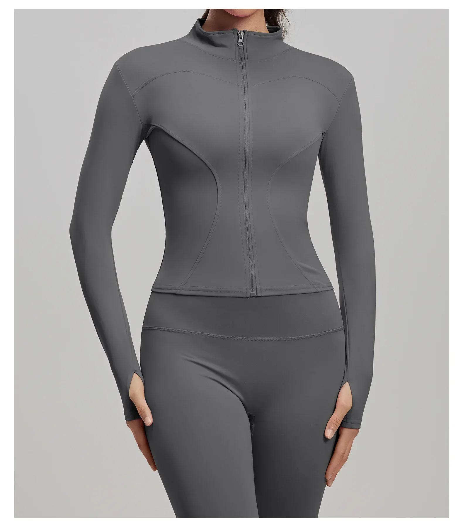 Herbstliche Sport- und Yoga-Jacke für Damen, Stehkragen, Langarmjacke, figurbetontes Trainingsoberteil, Fitness-Oberteil, Rad- und Laufoberteil – Detail 24