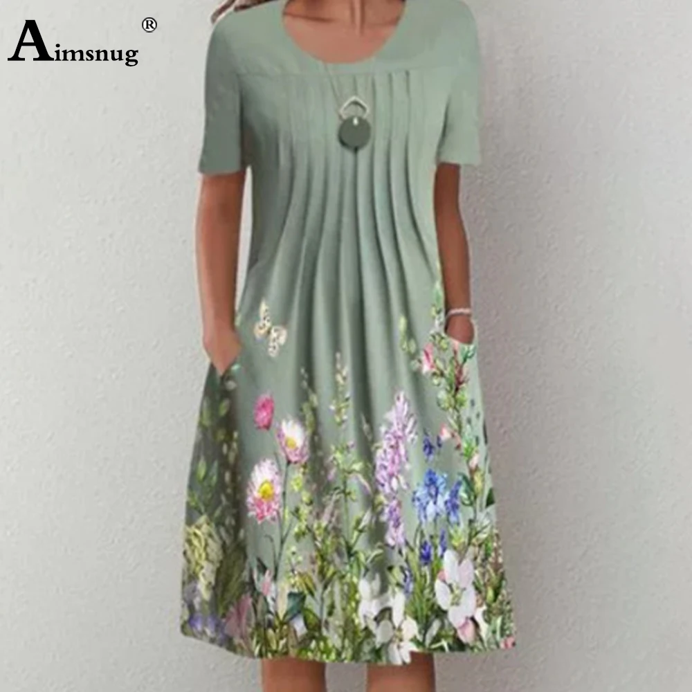 Aimsnug Oversized 3xl Women Knee-Length Dress Ladies Short Sleeve Flower Print Bohemian Dresses Casual Pocket A-line Party Dress