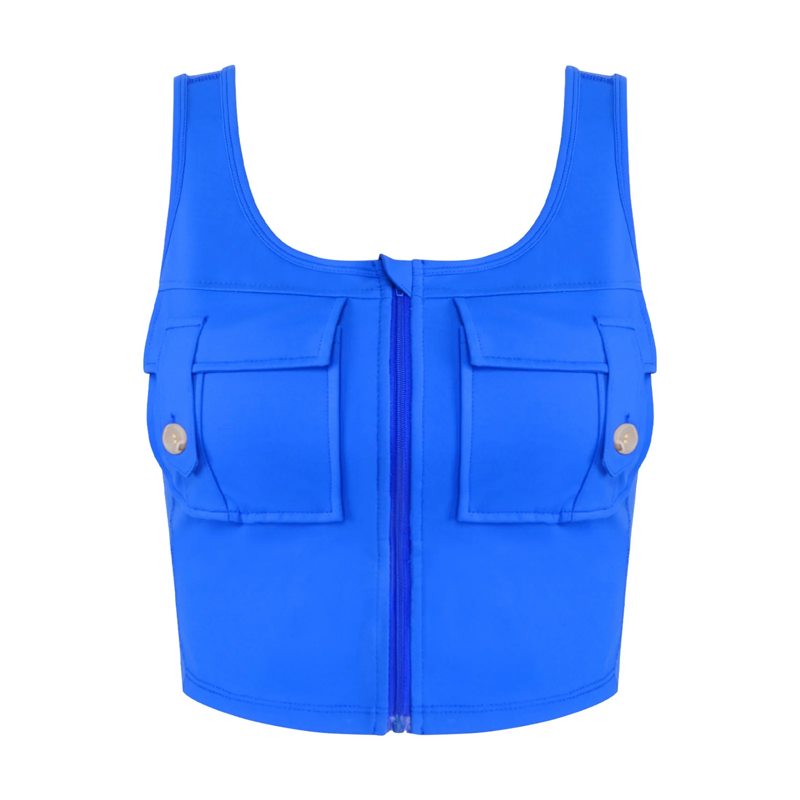 Damskie topy sportowe bez rękawów z dekoltem w kształcie litery U, zapinane na zamek, krótkie bluzki z kieszeniami na zatrzaski, sportowe kamizelki do jogi i ćwiczeń fitness.