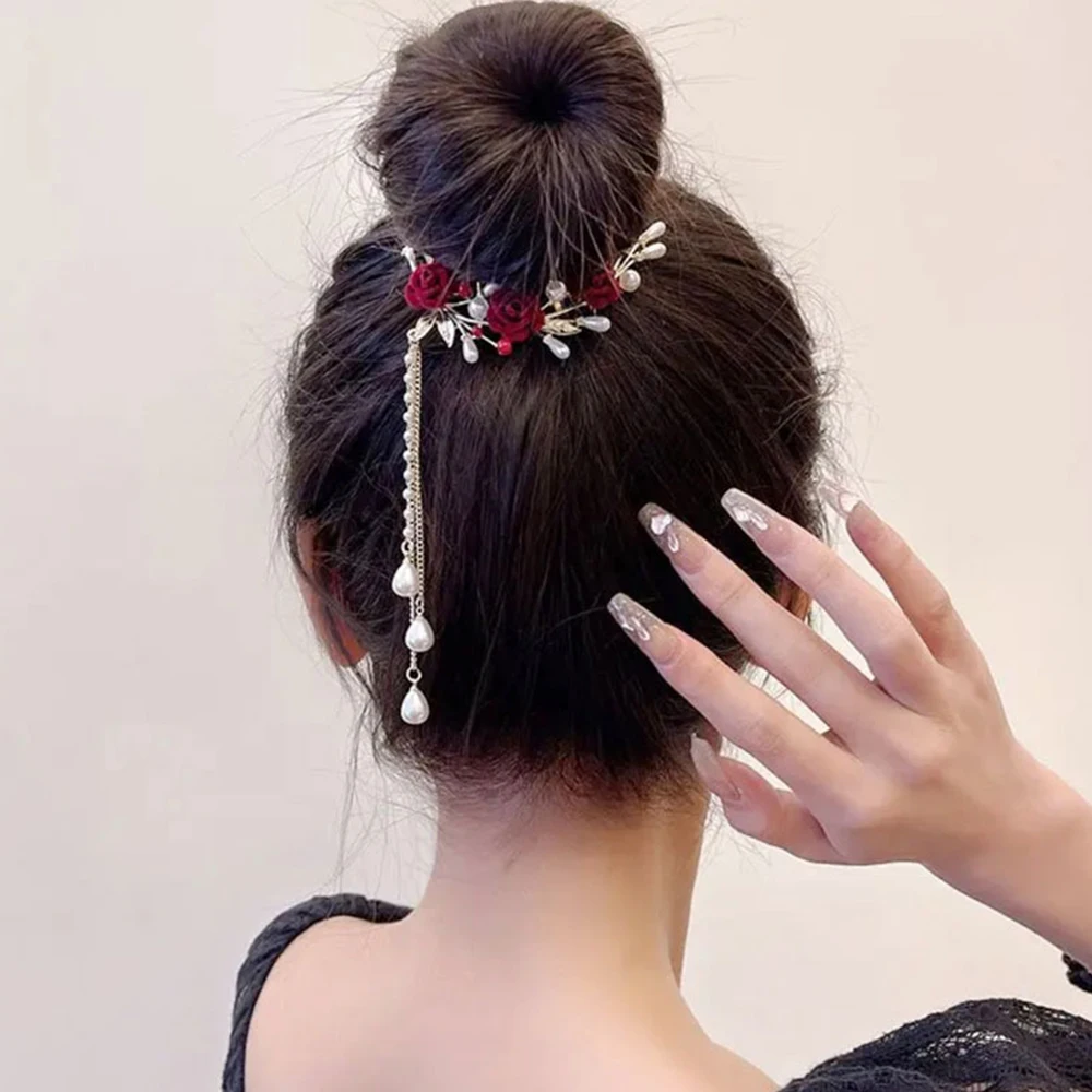 Vintage Red Rose Hairpin Hair Claw French Elegant Fashion Headdress Women's Back Updo Hair Tassel Hairpin Headwear Accessories