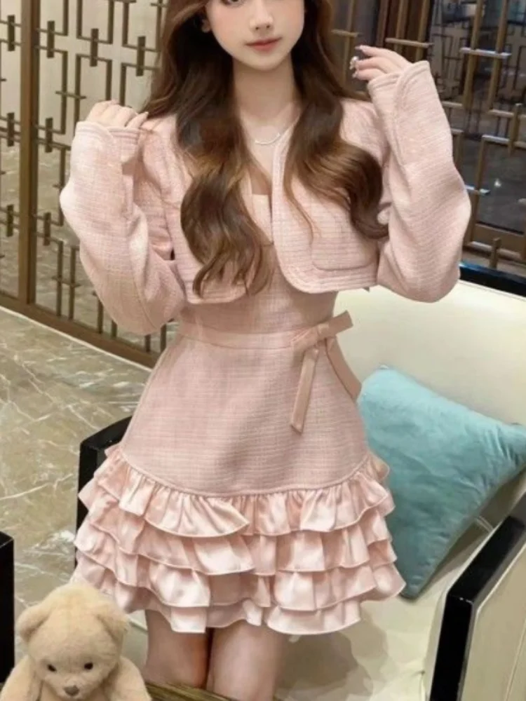 Sweet 2 Piece Dress Set Woman Pink Long Sleeve Coat + Bow Kawaii Mini Dress Female Korean Fashion Evening Party Suit 2024