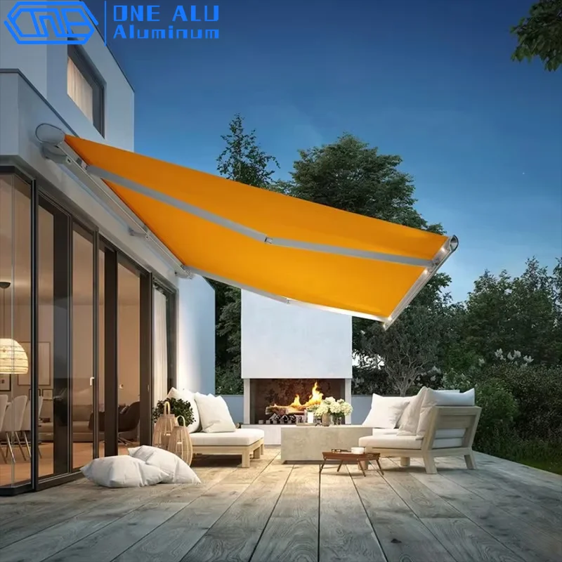 Electric Retractable Awning With LED Lights Wind Sensor Automatic Closing In Strong Wind Outdoor Patio Sunshade Canopy