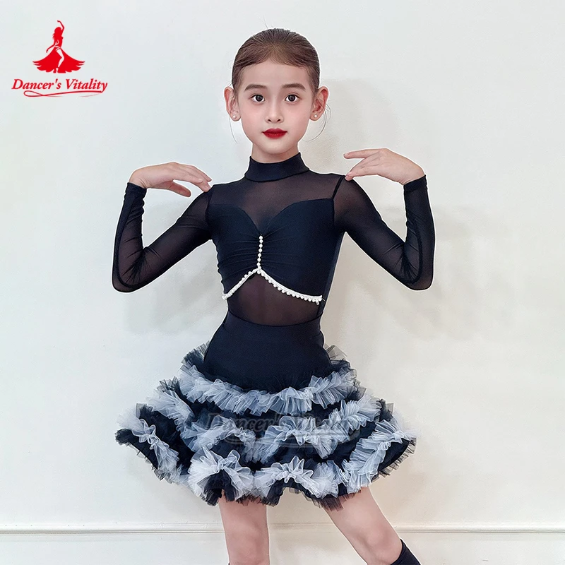 

Teenagers Black-white High-neck Latin Long Sleeves Training 2-piece Set Dancer's Vitality Child Chacha Samba Practice Clothing