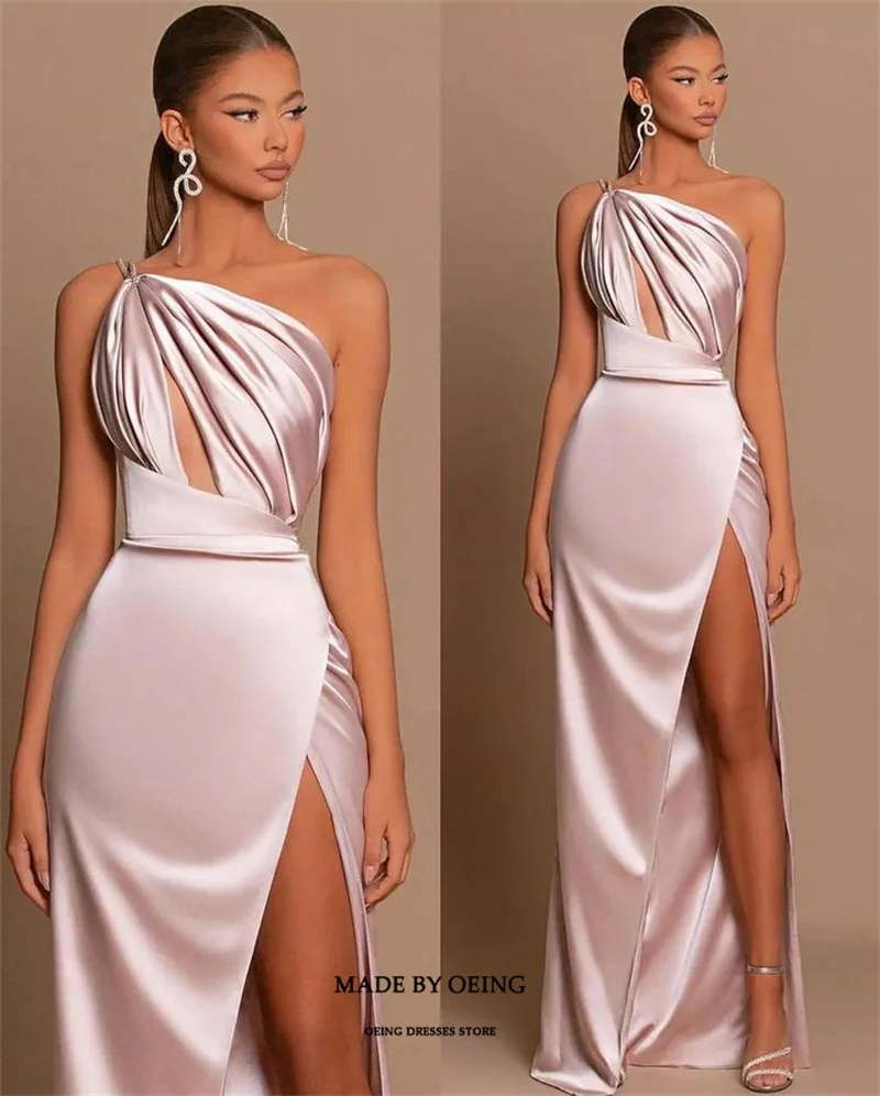 OEING Light Pink One Shoulder Pleated Evening Dress High Side Split Prom Gown Simple Floor Length Dresses For Formal Occasion