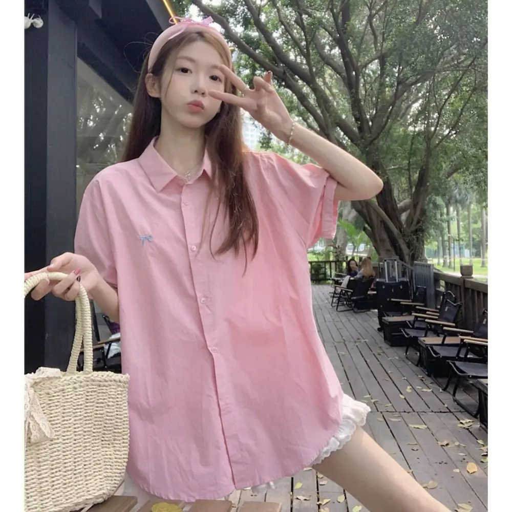 Niche Bowknot Women Girl Blouse Embroidered Loose Short Sleeves Shirt Turn Down Collar Student Summer Top