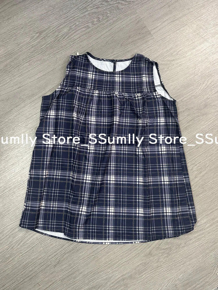 Japan Fashion Plaid Mid Length Shirts Women Summer New Loose Sweet Tops Streetwear Cute All Match Design Sense Sleeveless Top