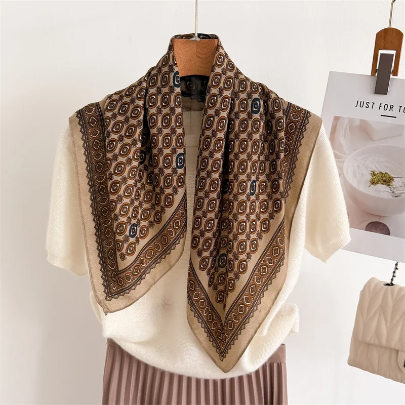 Vintage Print Square Scarf For Women Cotton Linen Feel Ribbon Neck Shawl Warp Neckerchief Bandanas Hijab For Beach Travel