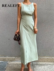 REALEFT New 2024 Summer Cotton Linen Women's Long Dresses Vintage Lace Up Maxi Dress Sashes Sleeveless Female Tank Beach Dresses