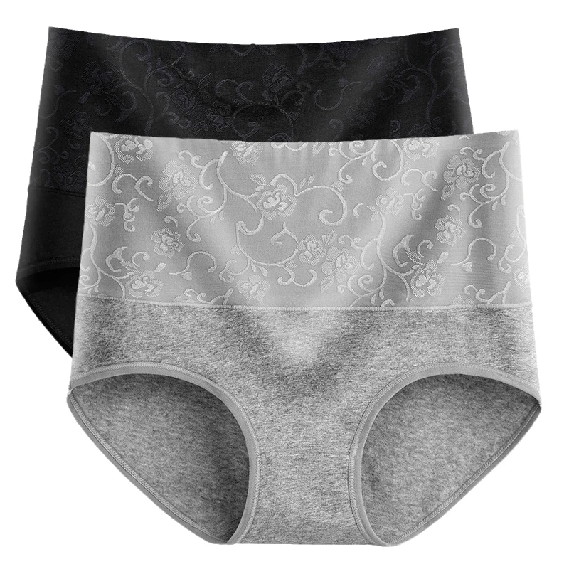 2PCS Plus Size Women's Cotton Underwear High Waisted Tummy Control Panties Full Coverage Briefs Jacquard Ladies Panty L-5XL