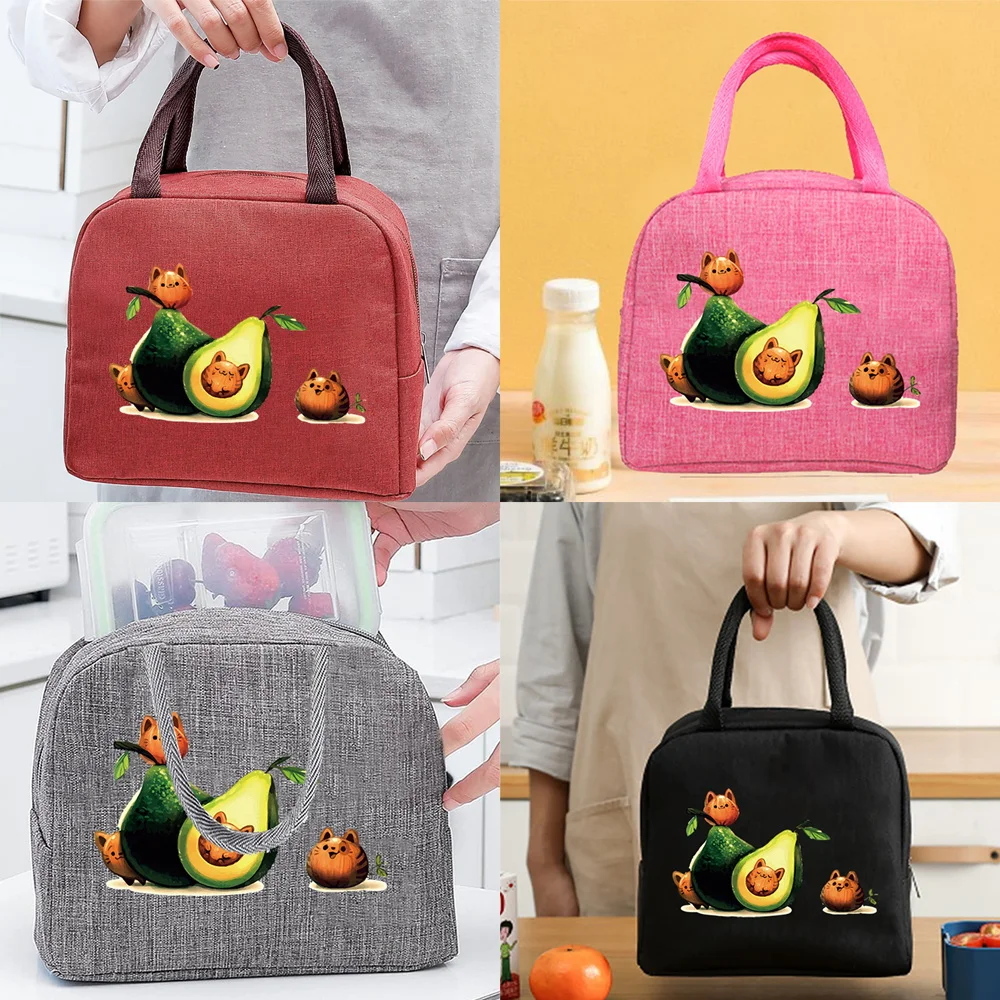 

Portable Lunch Bags for Women Avocado Cat Pattern Handbags Insulated Lunch Box Unisex Tote Cooler School Food Storage Bags