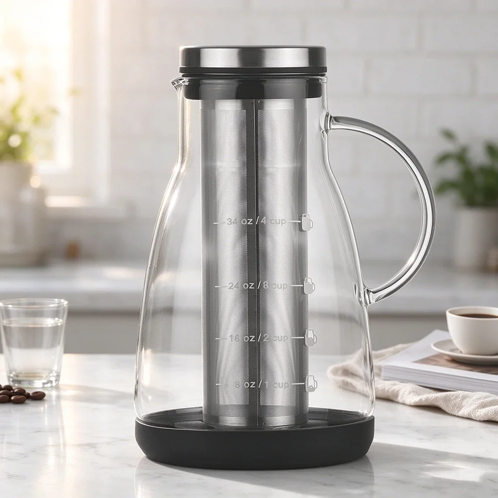 960ML Glass Cold Brew Coffee Maker with Removable Stainless Steel Filter For Home Cafe Coffee Tea Brewer