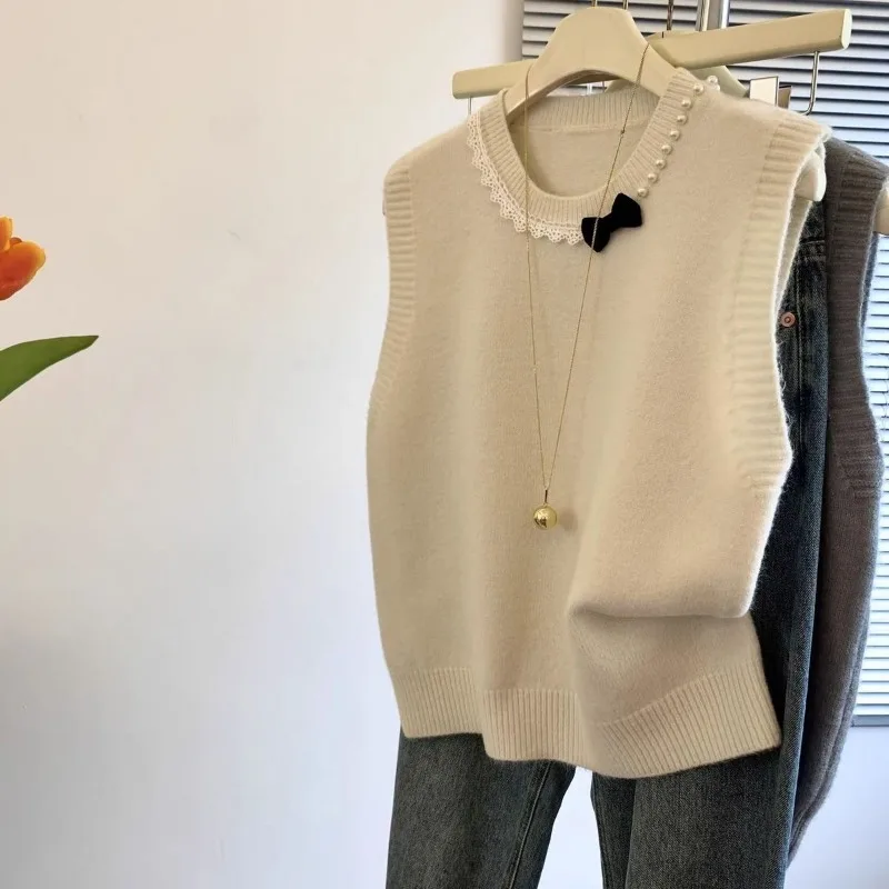 Heavy Industry Perlen Schleife Knoten Strickweste Damen Neue Spleißen Layered Pullover Weste Top