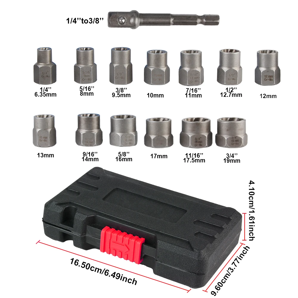 Imagem -06 - Cr-mo Kit de Ferramentas de Carro de Aço Parafuso Removedor de Porca Conjunto de Soquete 6.35 Mm19 mm Ferramentas Manuais 14 Peças Extrator de Parafuso Danificado