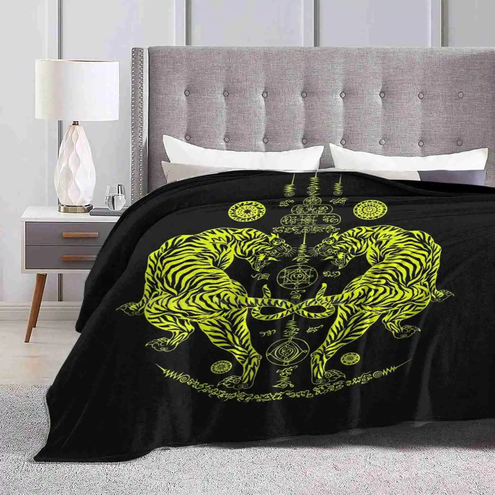 Thai Traditional Art Of Talisman Twin Tigers-Yellow Design Fashion Soft Warm Throw Blanket Muaythai Muay Thai Abugida Thailand