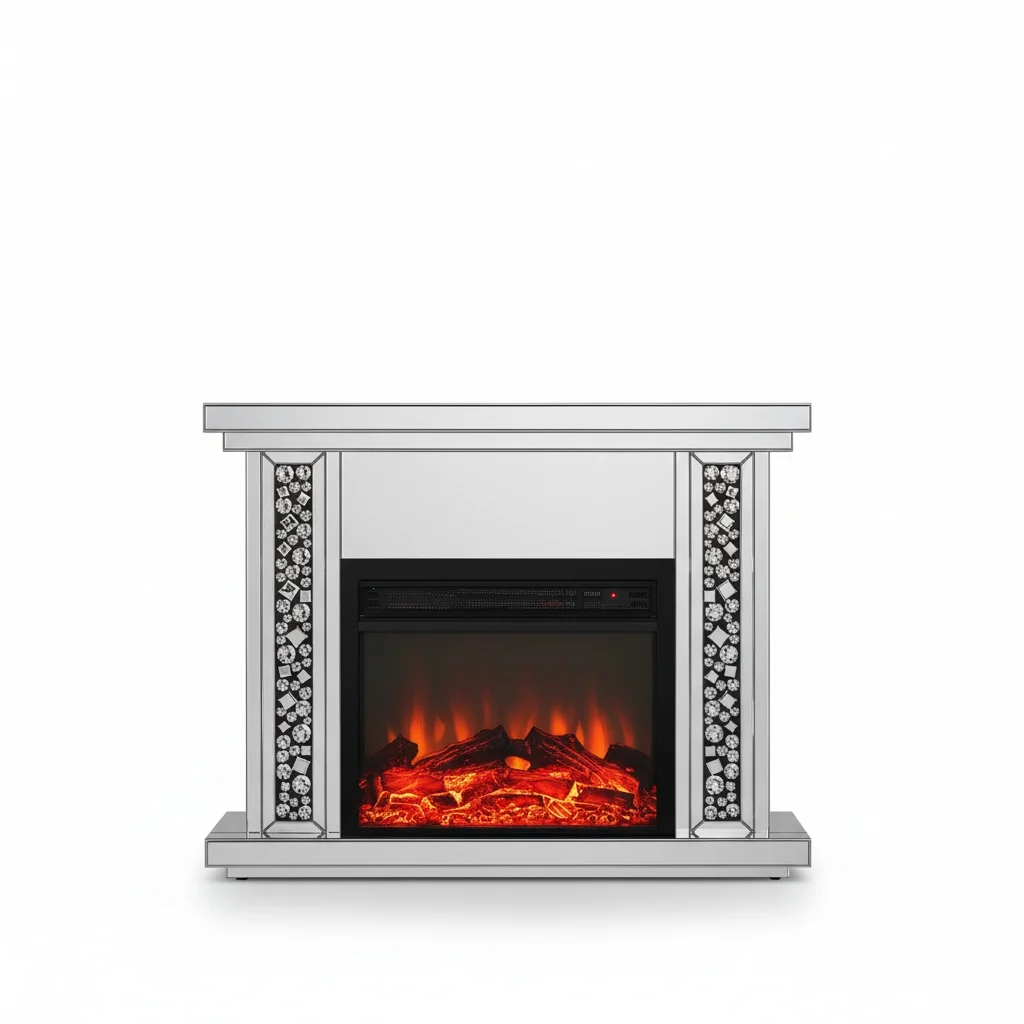 Electric Fireplace with LED, 120 x 35 x 100 cm Mirrored Console Table, Diamond Crush Mirrored Glass Furniture for Living Room