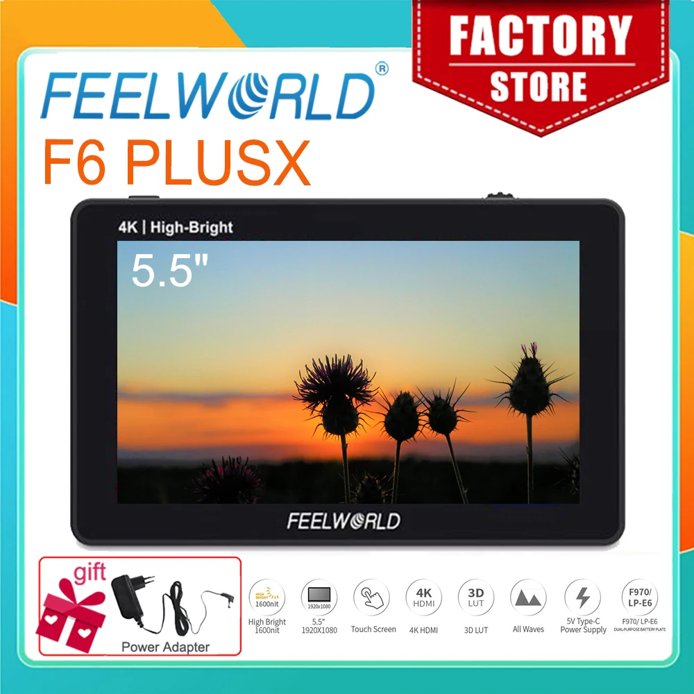 FEELWORLD 5.5 Inch F6 PLUSX High Bright 1600nit Touch Screen DSLR Camera Field Monitor IPS FHD1920x1080 4K HDMI