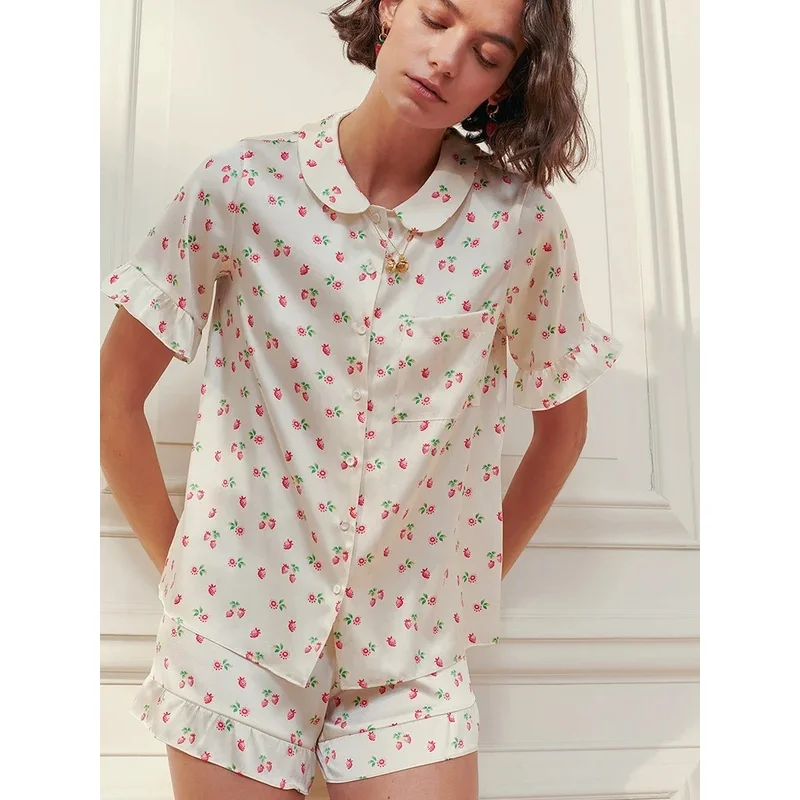 Women's Summer Satin Pajamas Set Short Sleeve Peter Pan Collar Top Elastic Waist Shorts Floral Print Casual Sleepwear