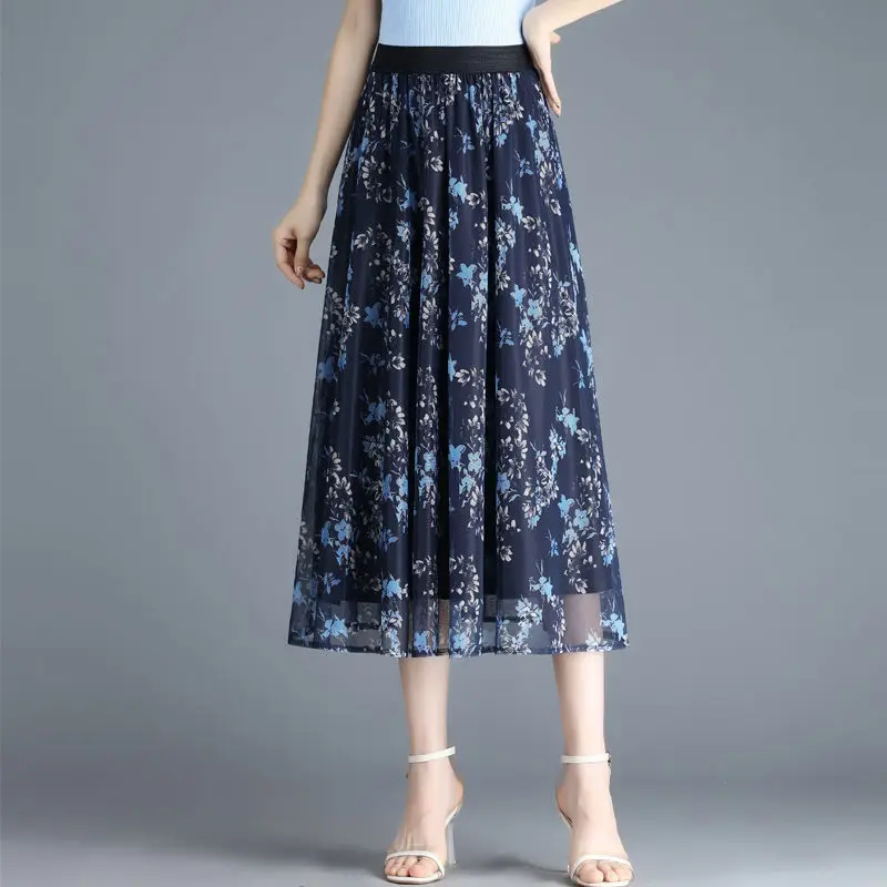 

Spring Summer Women's Clothing Elastic High Waisted Plant&Flowers Gauze Patchwork Printing Ball Gown Elegant Pleated Knee Skirts