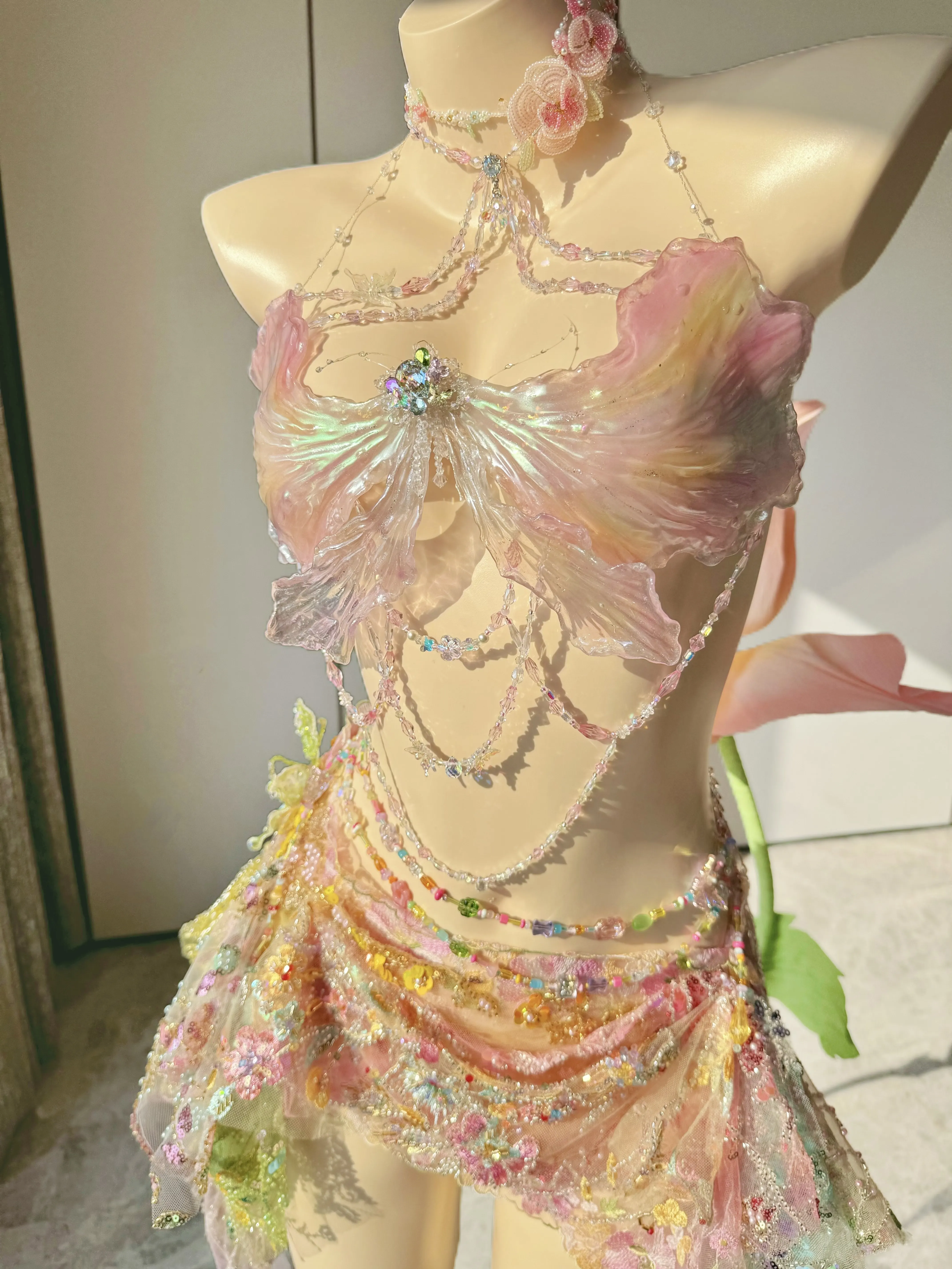Floral Fairy Cosplay Set Women Butterfly Wing Top Rhinestone Chain Irregular Mesh Skirt For Rave Carnival Stage Photoshoot