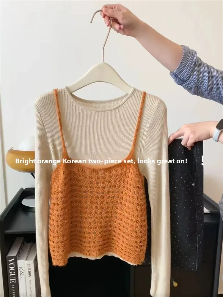 Korean Style Hollow out Knitted Tank Top And Bottoms Two-Piece Set Women's Fashion Soft Polyester Fiber Long Sleeve Vest