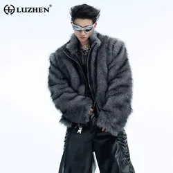 LUZHEN Winter Outerwear Light Luxury PU Leather Splicing Short Faux Fur Coat Men's American Casual Jacket New Clothing LZ7160