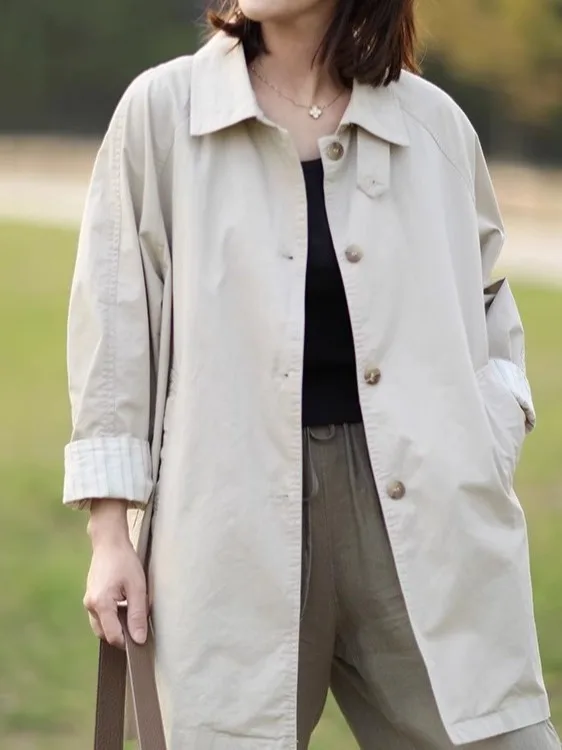 

Женское осеннее пальто средней длины с воротником-стойкой, однотонное, с пэчворком, на одной пуговице, для повседневной носки