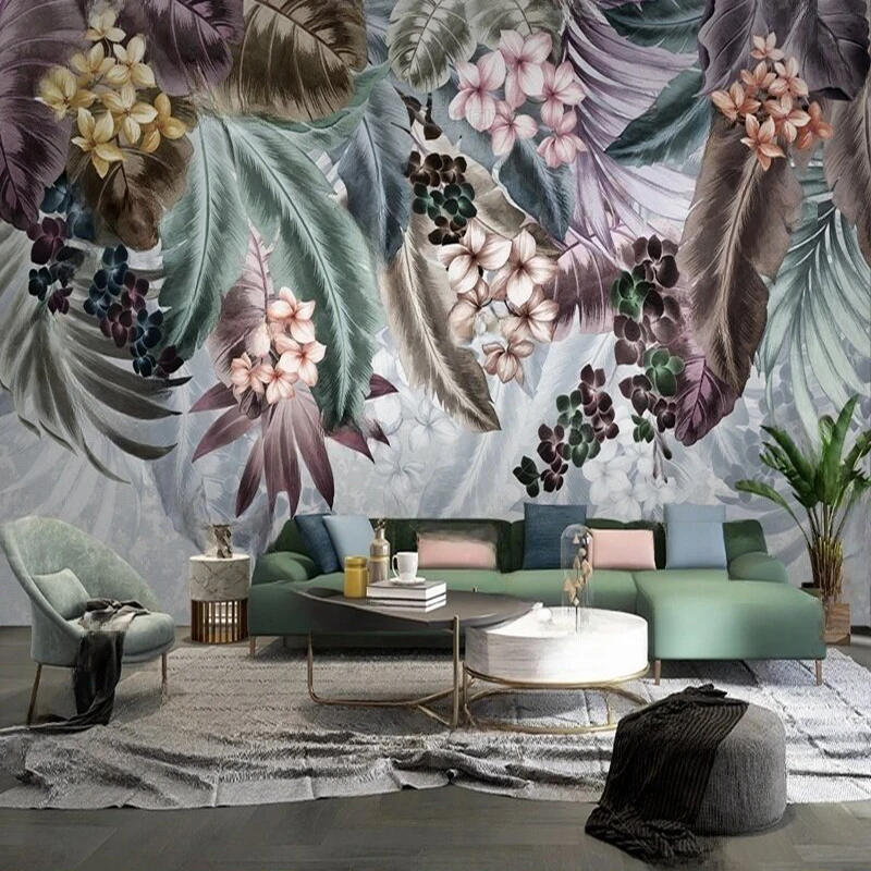 

MU8952 Modern simple Nordic hand-painted plant flower and pastoral TV background wall paintings sofa paper mural