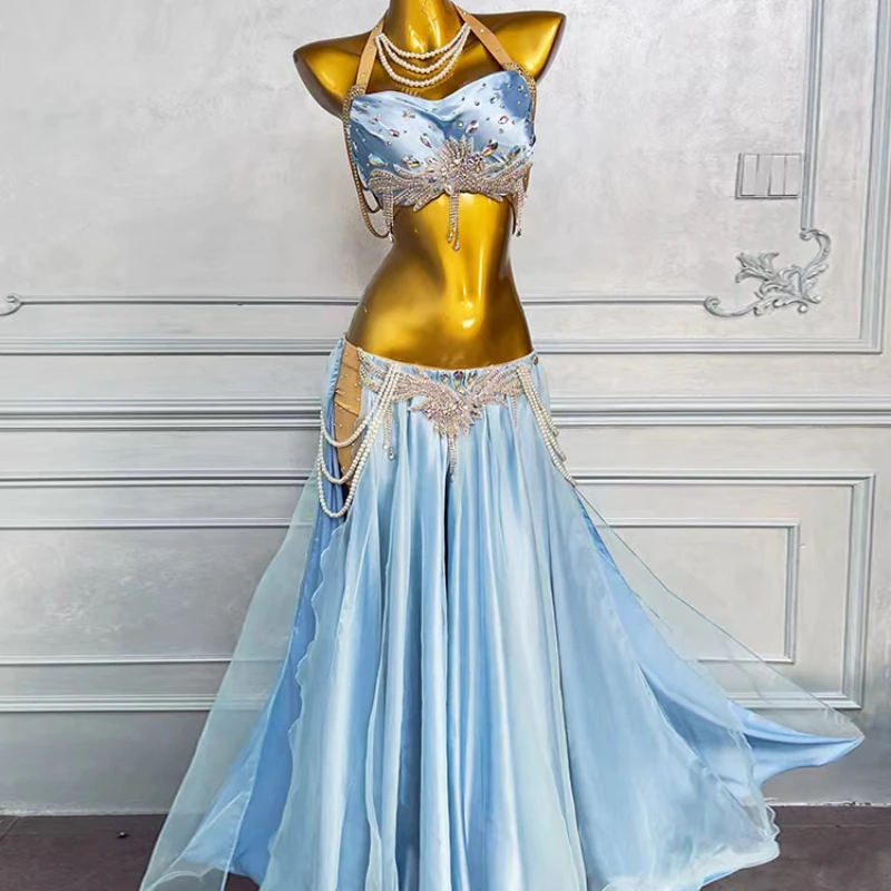 Belly Dance Professional Performance Clothing BellyDance Costume Customization Luxury Diamond Bra+Sexy Split Long Skirt 2pcs