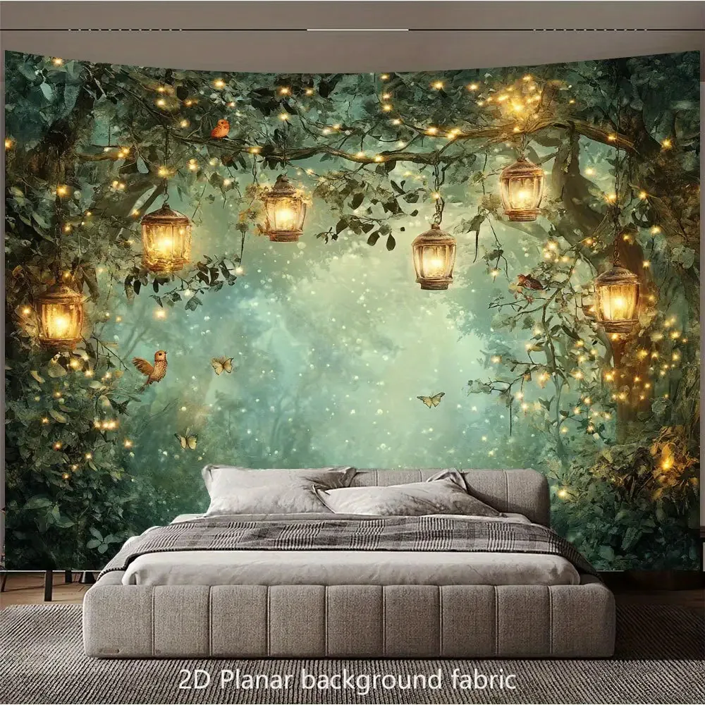 Large Enchanted Forest Tapestry Wall Hanging Lantern Backdrop 150x300cm Cottagecore Fairy Forest Decor