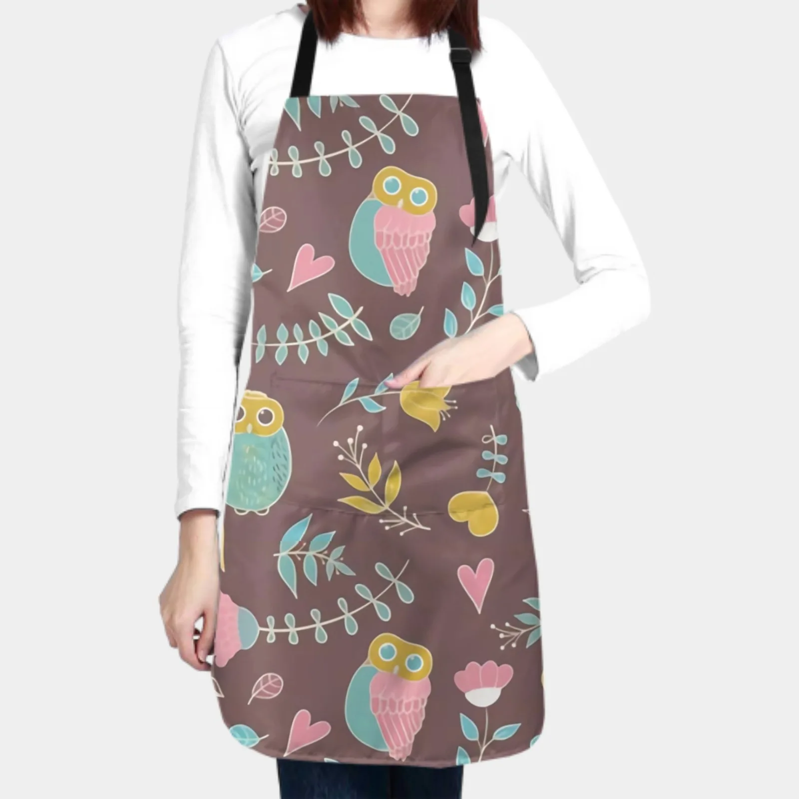 Colorful Waterproof Apron with 2 Pockets Kitchen Chef Apron Cute Owl Apron for Hair Brushing Cooking Baking Painting Gardening