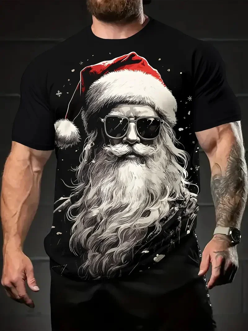 Camiseta con estampado 3D de Papá Noel para hombre, regalo de vacaciones de Navidad a la moda, cuello redondo, manga corta, ropa de Hip hop de gran tamaño