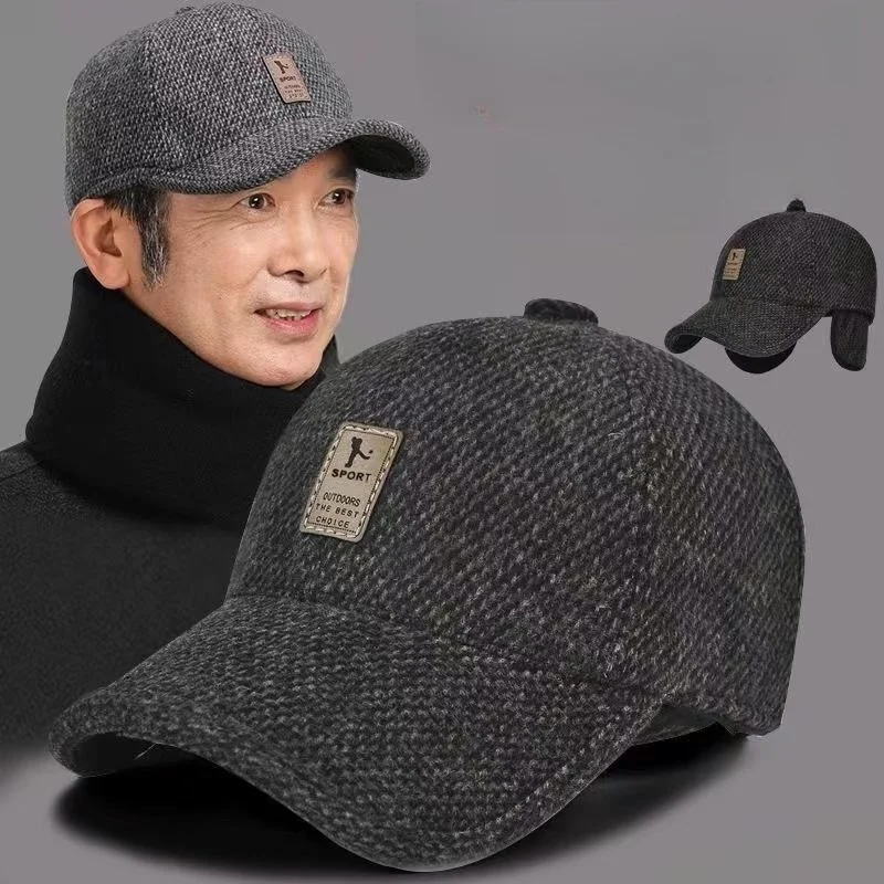 2 in 1 Baseball Cap Woolen Knitted Snapback Winter Ear Cover Baseball Cap Men Thicken Warm Hats with Earflaps Sport Golf Hats