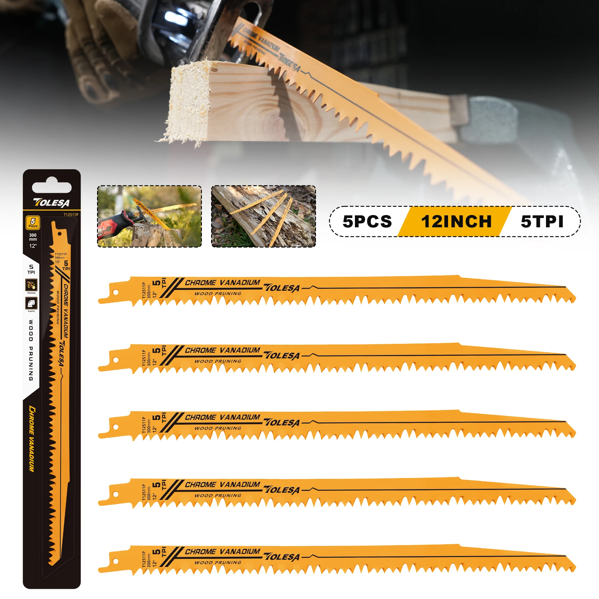 TOLESA 5PCS 5/6TPI Wood Pruning Reciprocating Saw Blades for Wood and PVC Pipe Cutting CRV Sharp Ground Teeth Sabre Saw Blades