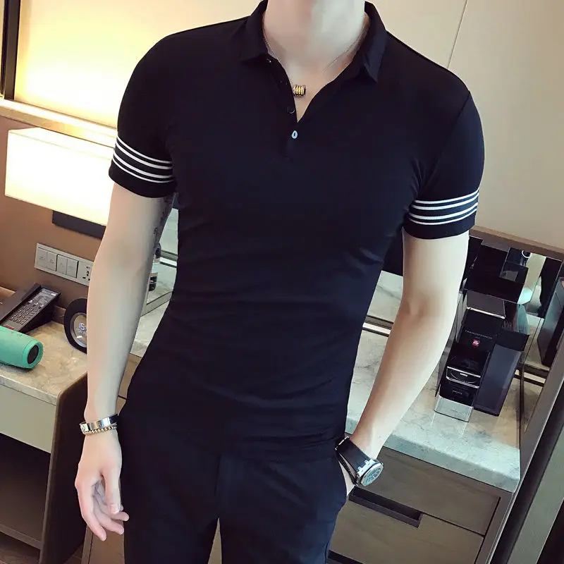 Man with Collar Tee Shirts Plain Streetwear Skinny Original Top Striped Slim Fit Basic Polo T Shirt for Men Gym Cotton Clothing