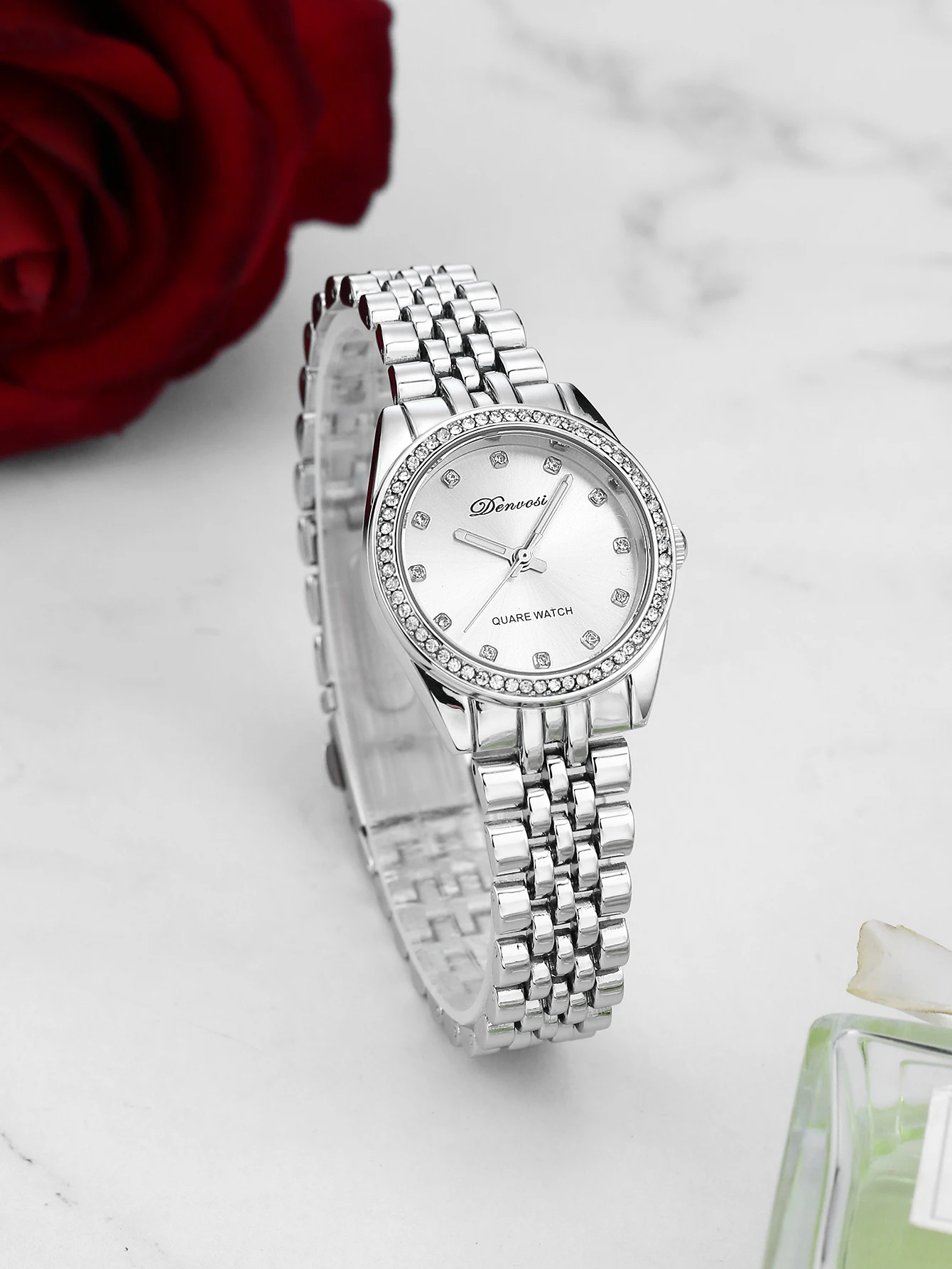 Ladies Elegant Quartz Watch with diamond setting Stainless steel Waterproof Fasion women’s wristwatch present for Christmas