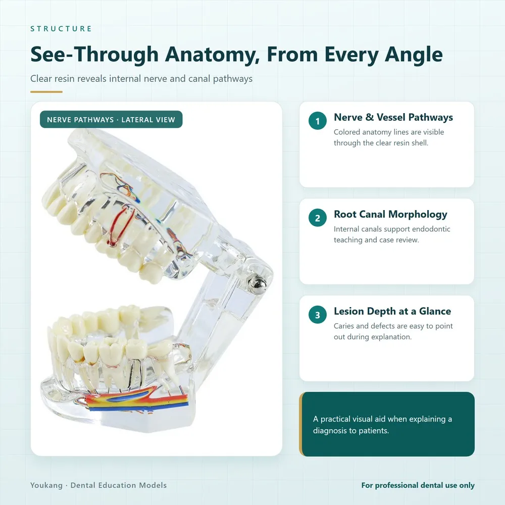 Transparent Adult Dental Pathological Model Full Mouth Nerve Vessel Anatomy Teeth Model with Movable Jaw for Dental Teaching