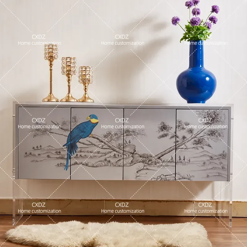 Hand Painted Medieval Style Acrylic Storage Bucket Cabinet Retro Decorative Entrance Console for Small Apartment Home