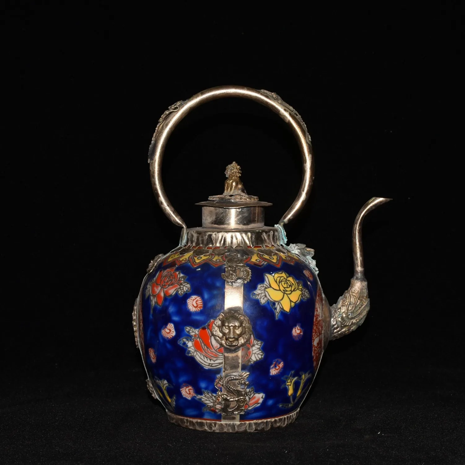 Chinese Porcelain Copper Lion Dragon Tea Pot Handwork Carving Garden Decoration 100% Real Tibetan Silver Brass
