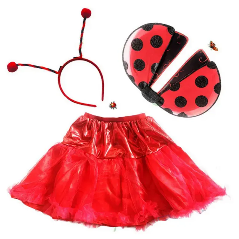 Ladybug Cosplay Costume para Crianças, Bebés, Vestir a Princesa, Joaninha, Saia, Asa, Headband, Festa de Aniversário, Acessórios de Halloween