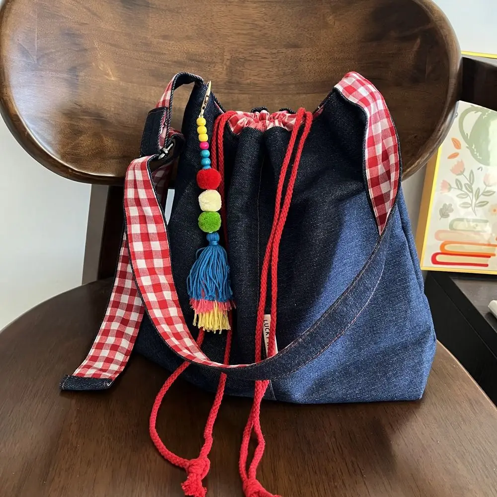 

Simple Large Capacity Drawstring Tote Bag Casual All-match Denim Shoulder Bag Leisure Cowboy Casual Canvas Bag Women